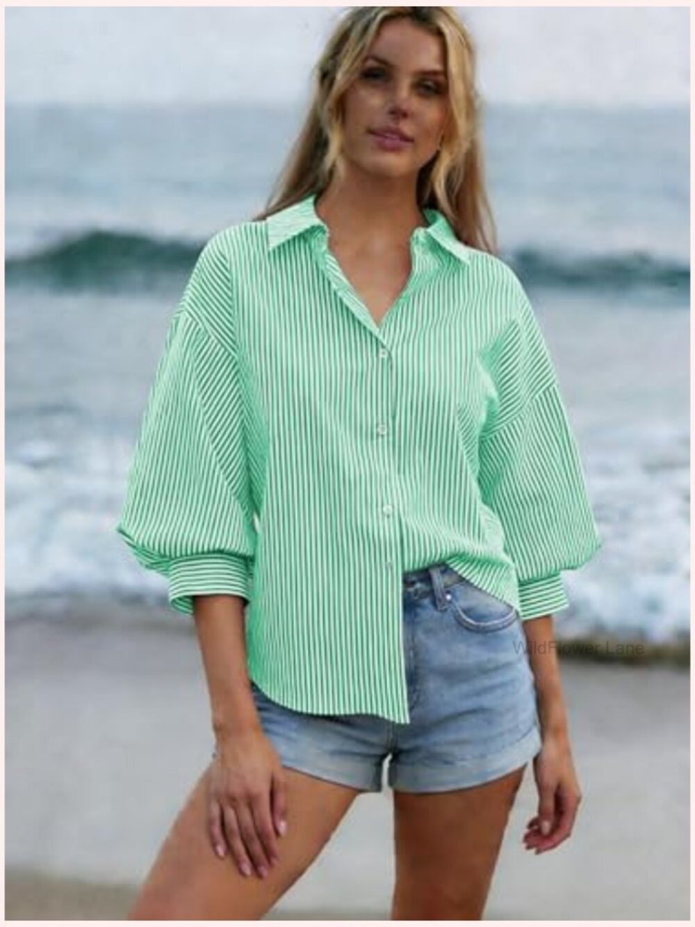 Women's Striped Button Down Shirt 3/4 Puff Sleeve V Neck Blouse - Picture 4 of 7